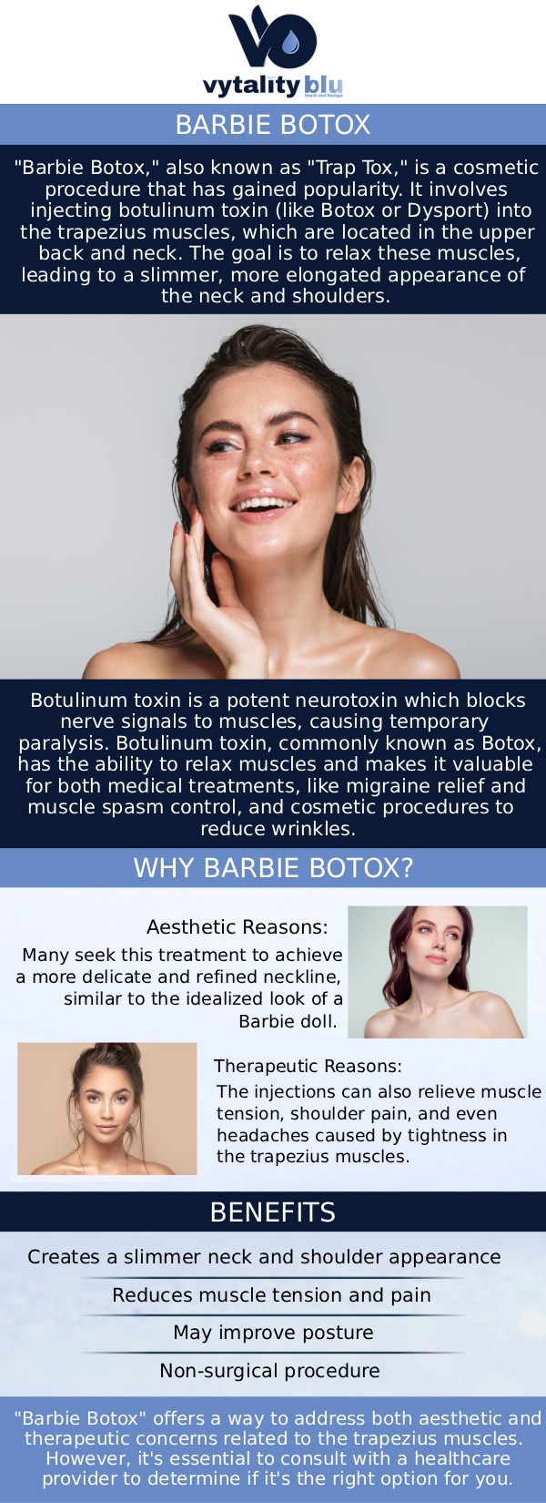 Common questions asked by clients: What is Barbie Botox (Traptox)? How long does it take to see results from Barbie Botox? How long do Barbie Botox results last? Who is the ideal candidate for Barbie Botox? For more information, contact us or request an appointment online. We are conveniently located at 2310 Far Hills Ave Suite 5 Dayton, Ohio 45419.