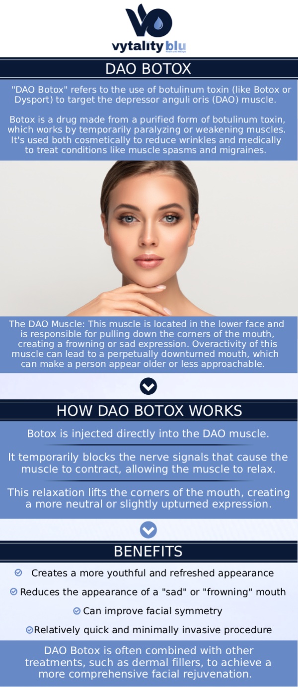 Common questions asked by clients: What is a DAO Botox treatment? How does DAO Botox help with a downturned smile? How long does it take to see results from DAO Botox? Is the DAO Botox injection process painful? For more information, contact us or request an appointment online. We are conveniently located at 2310 Far Hills Ave Suite 5 Dayton, Ohio 45419.